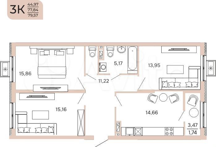 3-к. квартира, 79,6 м², 5/17 эт.