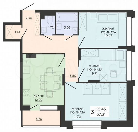 3-к. квартира, 67,3 м², 13/21 эт.