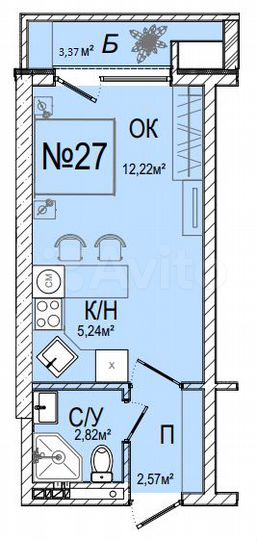 Квартира-студия, 26,2 м², 1/3 эт.