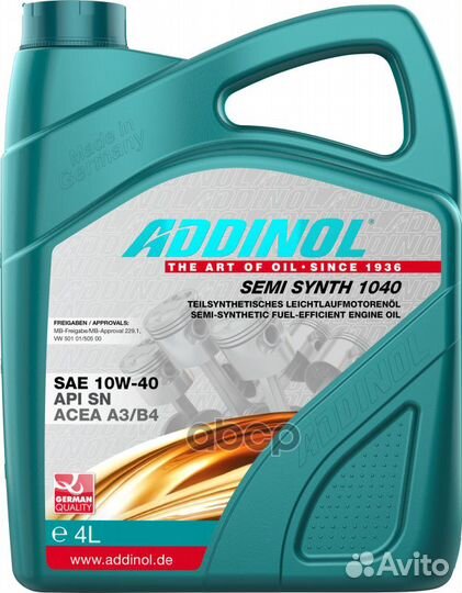 Addinol semi synth 10W40 A3/B4 SN Масло моторно