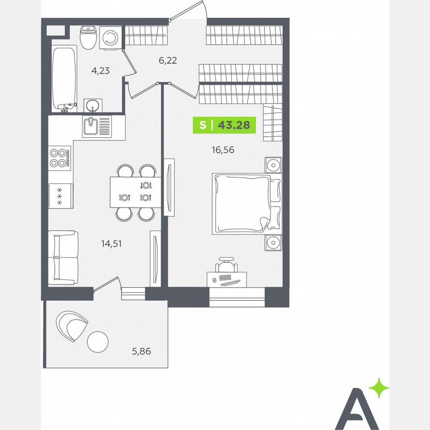 1-к. квартира, 43,3 м², 1/12 эт.