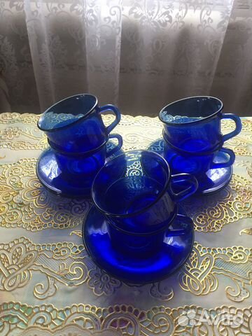 Чайно -кофейные пары 6 шт.Франция,синее стекло