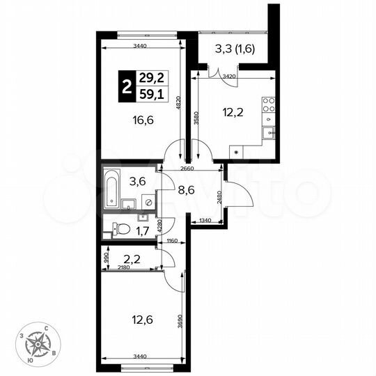 2-к. квартира, 59,1 м², 13/24 эт.