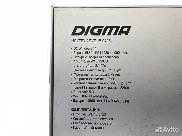 Ноутбук Digma Ryzen5 3500U/16Gb/SSD512Gb/15.6 IPS