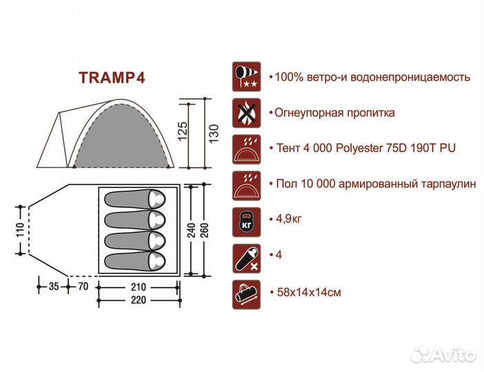 Туристическая палатка 4 местная с тамбуром Tramp 4