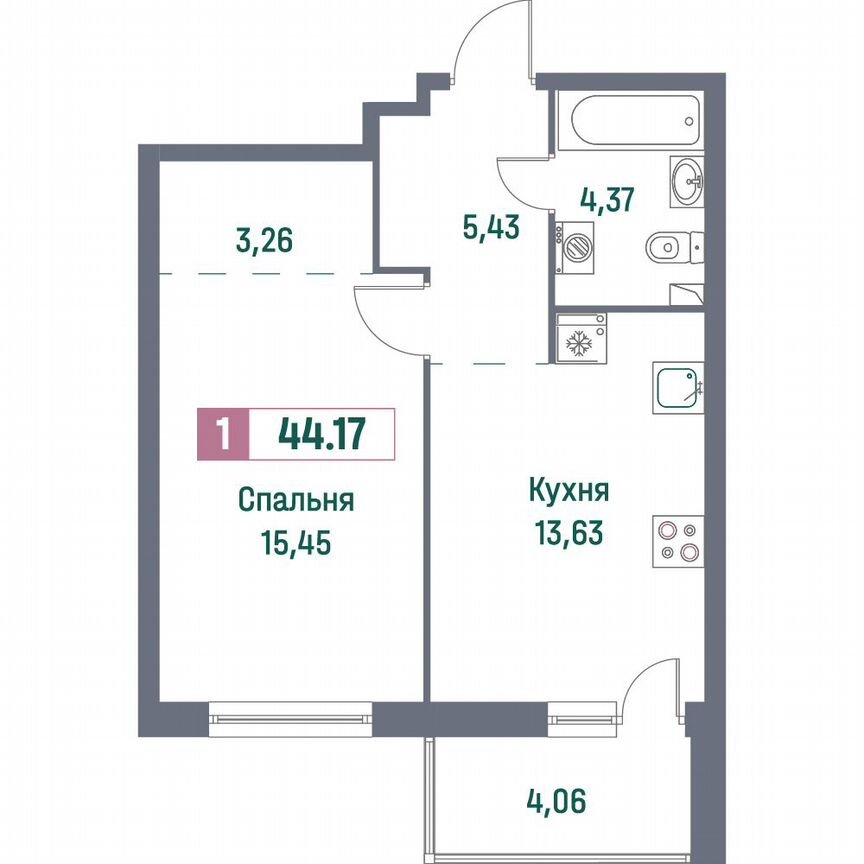 1-к. квартира, 44,2 м², 2/16 эт.