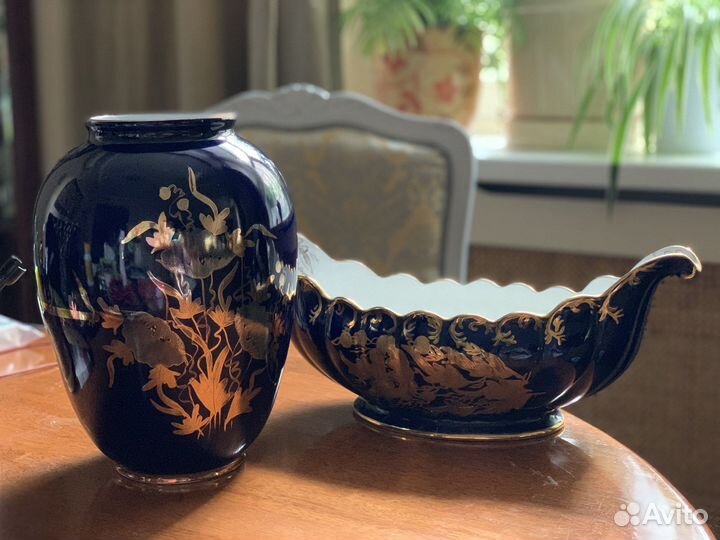 Ваза ладья фарфор кобальт золото arpo Румыния