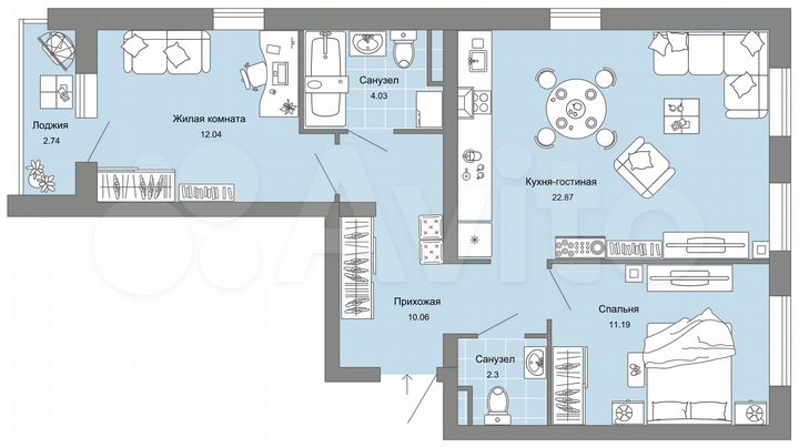 2-к. квартира, 64 м², 3/4 эт.