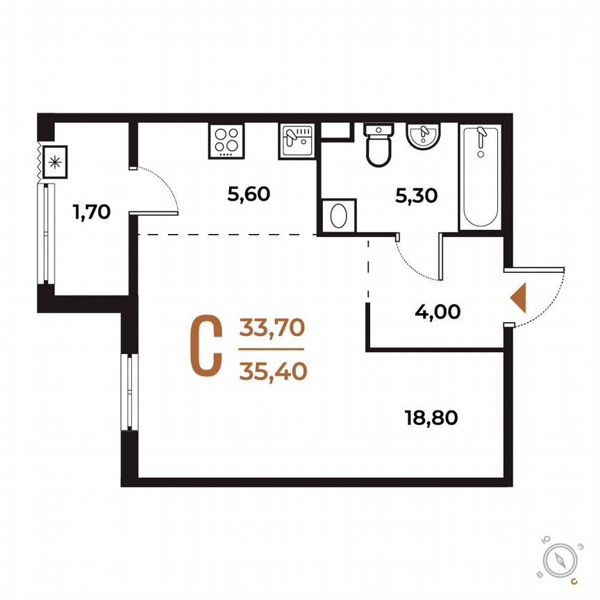 Квартира-студия, 35,4 м², 2/8 эт.
