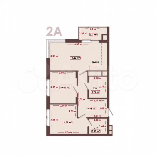 2-к. квартира, 60,9 м², 1/17 эт.