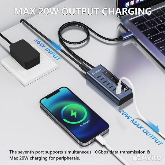 Сплиттер, хаб USB Type-C 3.2 7 портовый 10gbs