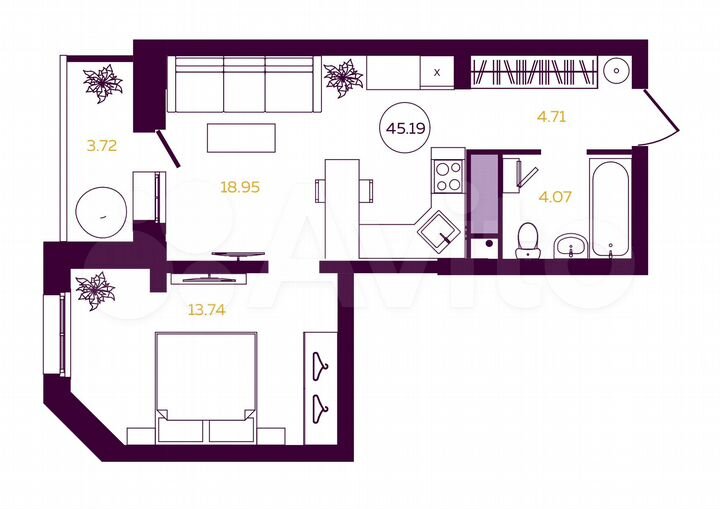 1-к. квартира, 45,2 м², 13/23 эт.