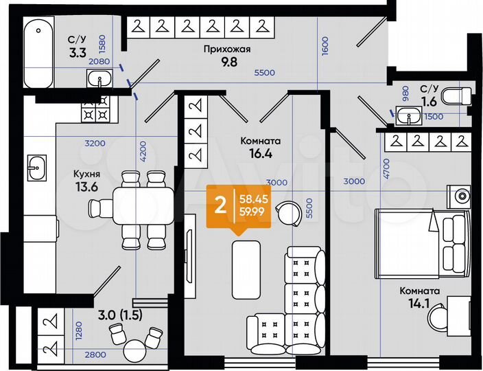 2-к. квартира, 60 м², 7/9 эт.