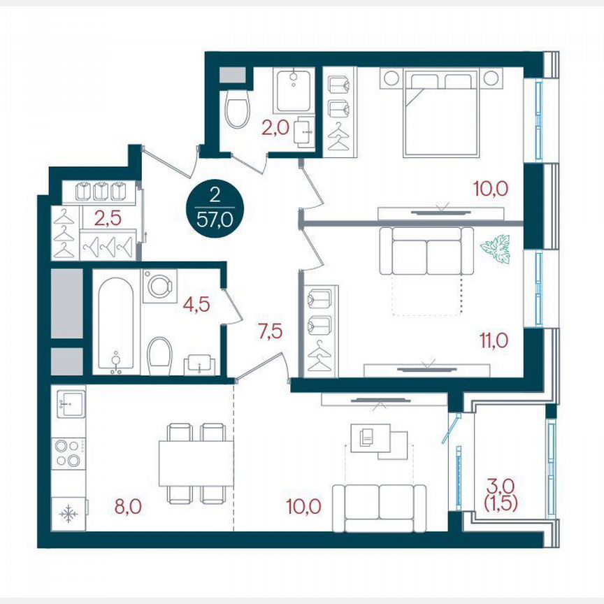 2-к. квартира, 57 м², 24/32 эт.