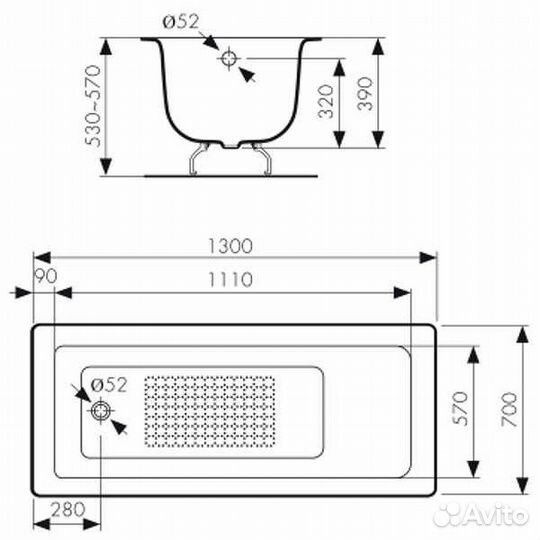 Чугунная ванна Kaiser 130х70 кв-1602