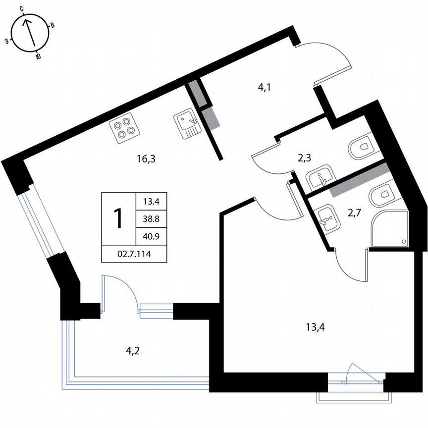 1-к. квартира, 40,9 м², 2/3 эт.