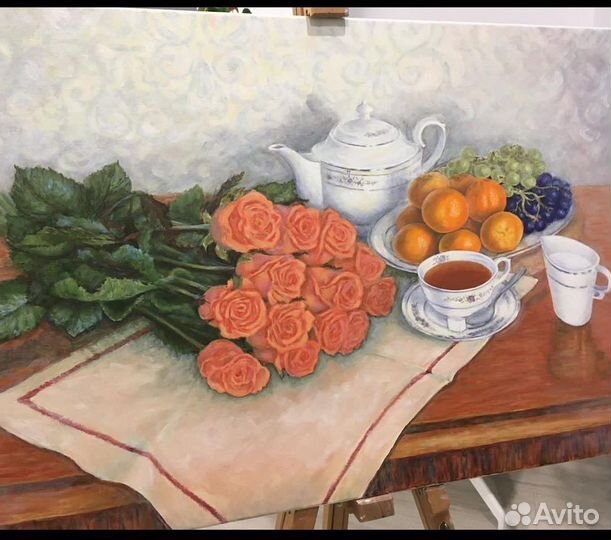 Натюрморт с мандаринами и розами