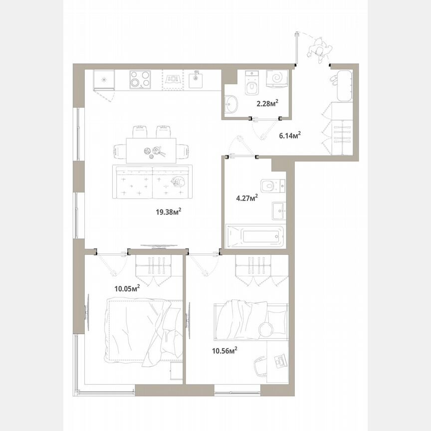 2-к. квартира, 52,7 м², 2/12 эт.