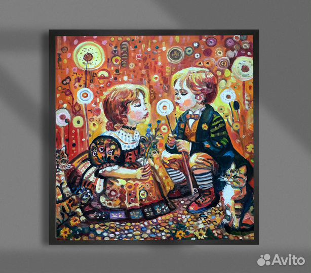 Дети с одуванчиками картина маслом 30* 30 см холст