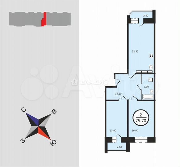 2-к. квартира, 75,7 м², 4/17 эт.
