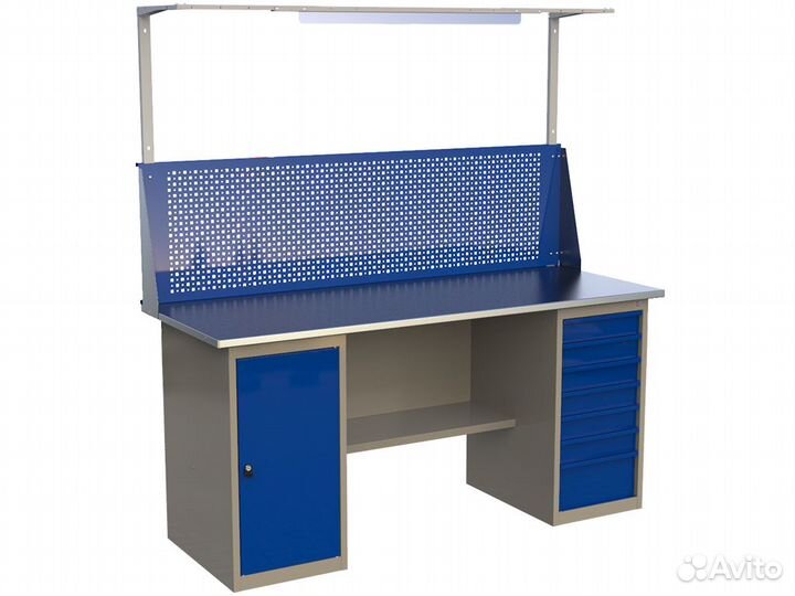Верстак 1800 мм 2 тумбы дверца 7 ящиков экран свет