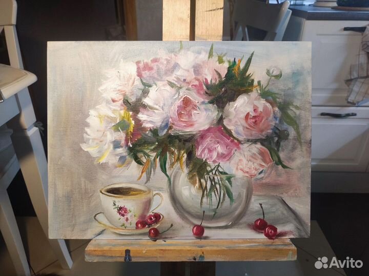 Картина маслом пионы (в раме)