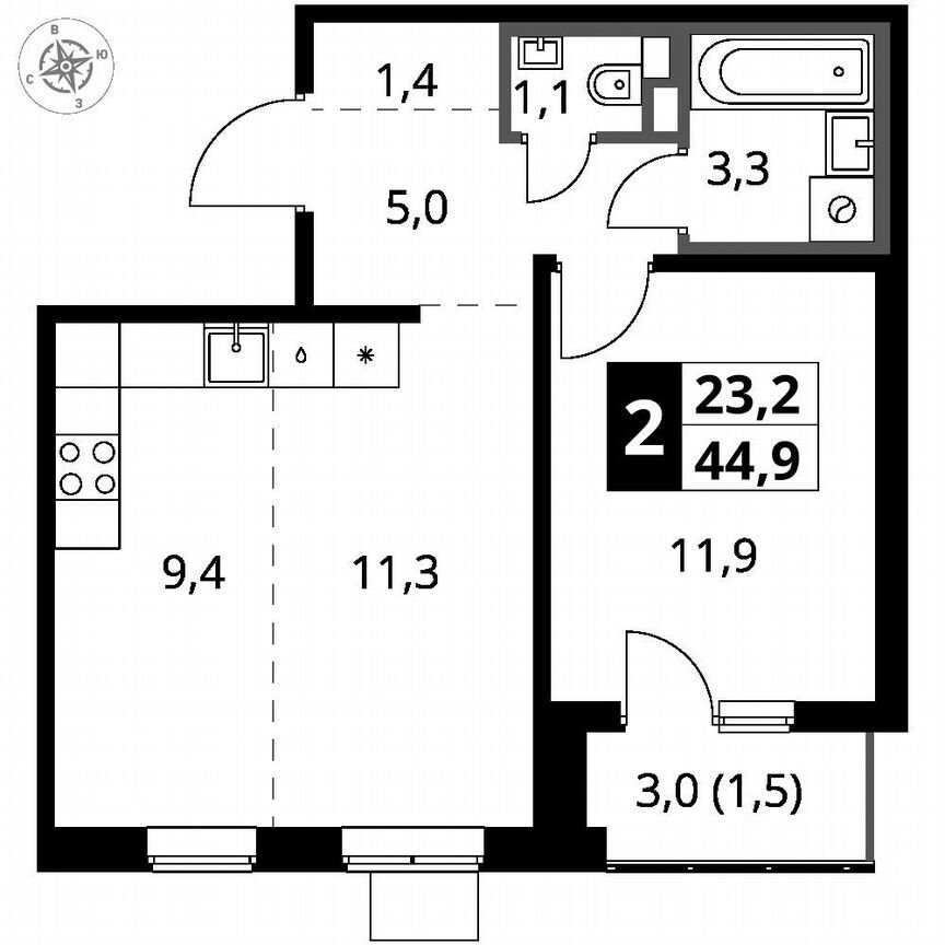 1-к. квартира, 44,9 м², 12/12 эт.