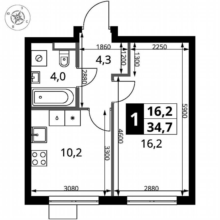 1-к. квартира, 34,7 м², 7/16 эт.