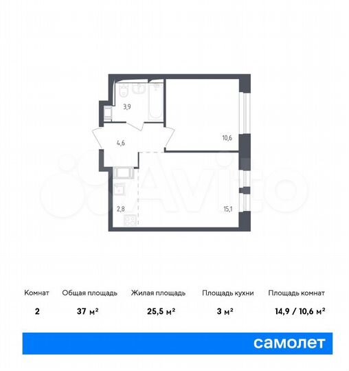 2-к. квартира, 37 м², 16/17 эт.