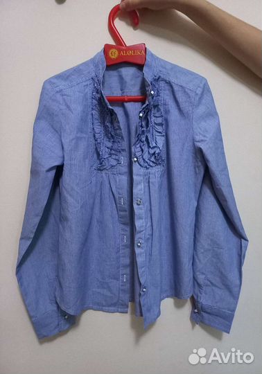 Блузка школьная, нарядная, синяя в полоску. 140