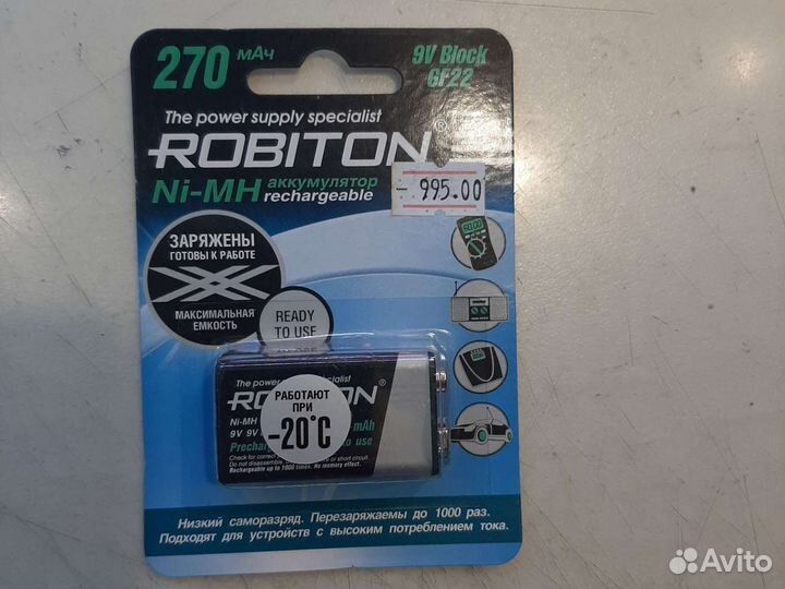 Аккумулятор крона 9v robiton 270mA