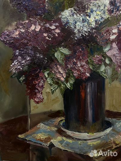 Картина, сирень, написанная маслом на холсте