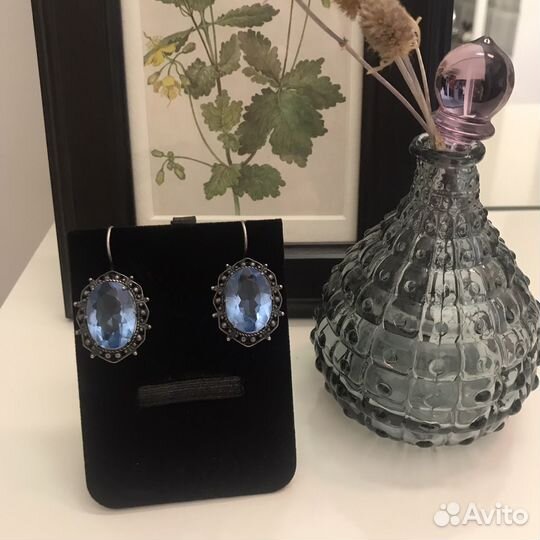 Серебрянные винтажные серьги с большим камнем