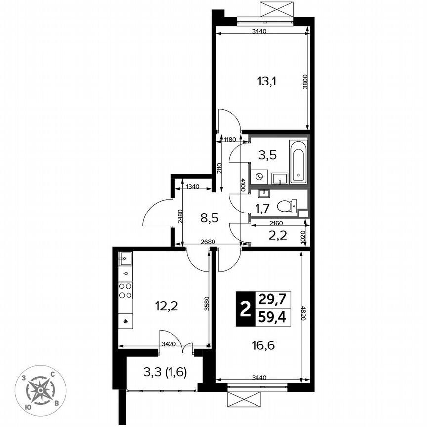 2-к. квартира, 59,4 м², 4/15 эт.