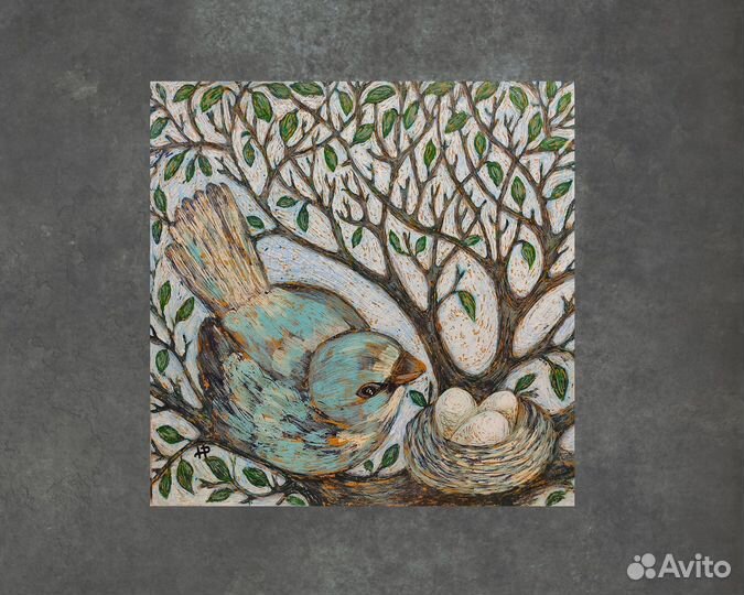 Картина птица с гнездом на дереве 