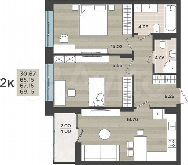 2-к. квартира, 67,2 м², 7/8 эт.