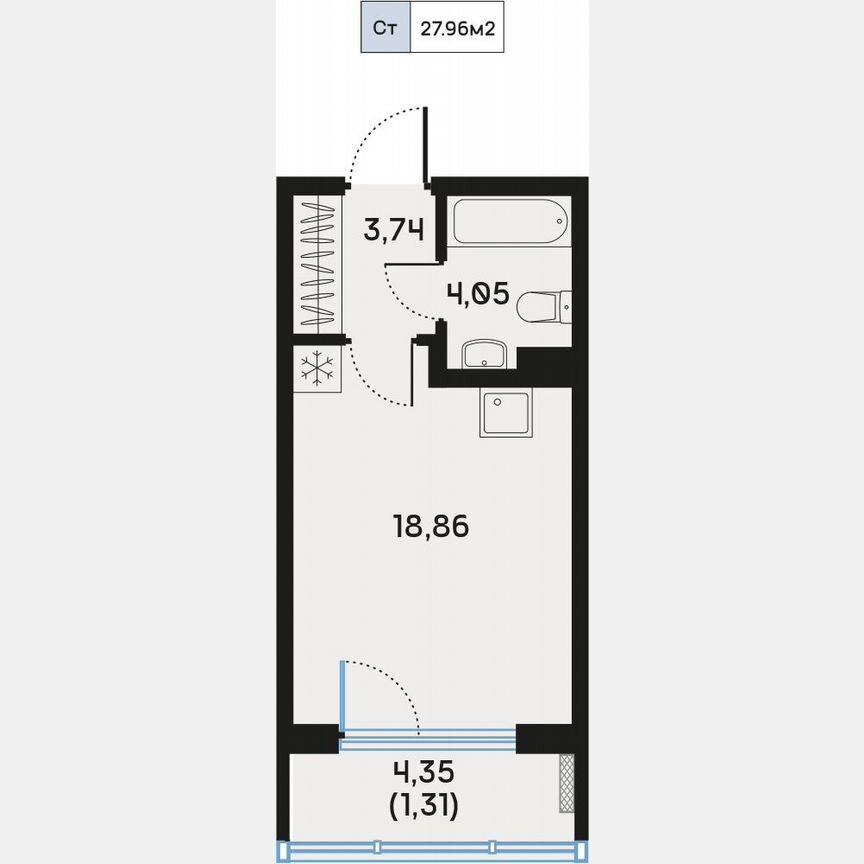 Квартира-студия, 28,3 м², 3/9 эт.