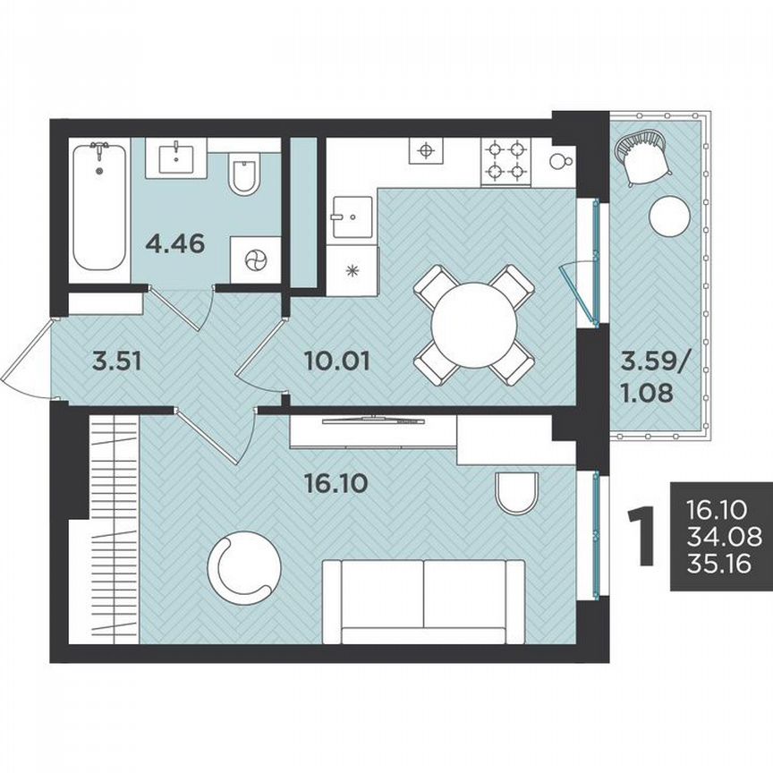 1-к. квартира, 35,2 м², 3/4 эт.