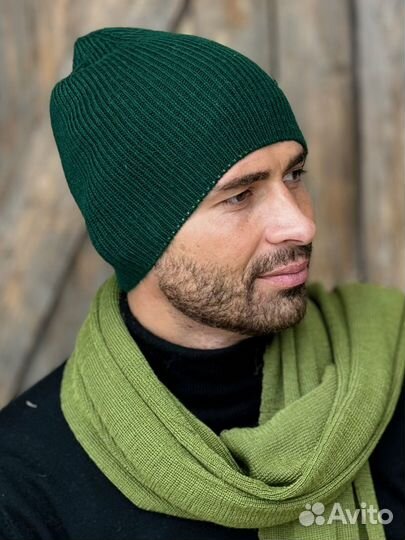 Перуанская мужская шапка из 100 % шерсти Классик цвет зеленый