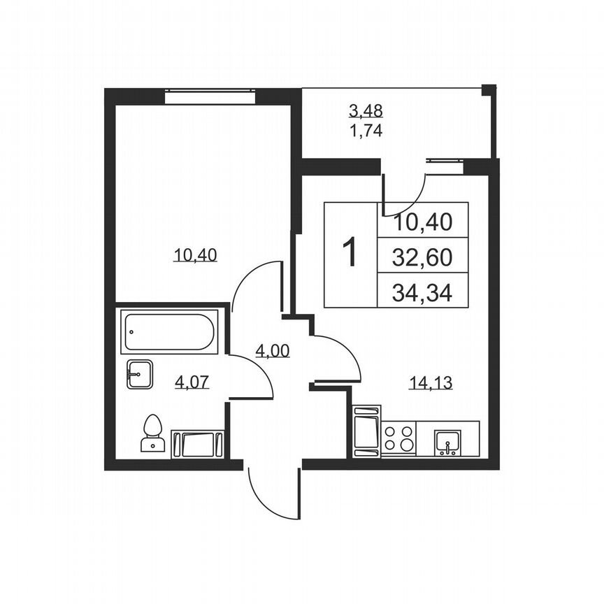 1-к. квартира, 34,3 м², 17/19 эт.