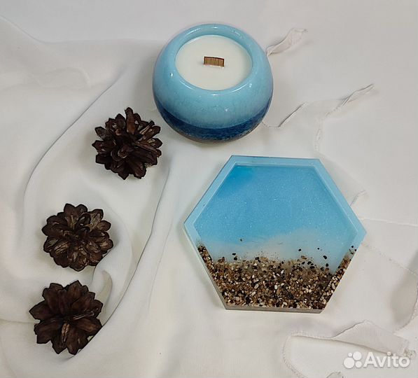Свечи соевые в подсвечнике из эпокси-смолы руч/раб