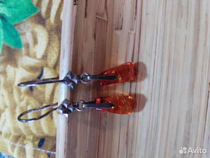 Серебряные серьги СССР с янтарем винтаж