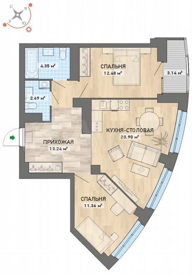 2-к. квартира, 68,2 м², 22/26 эт.