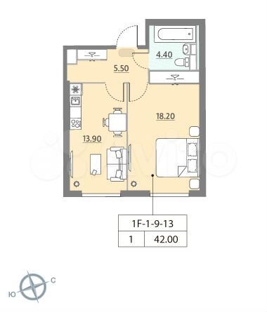 1-к. квартира, 42 м², 12/13 эт.