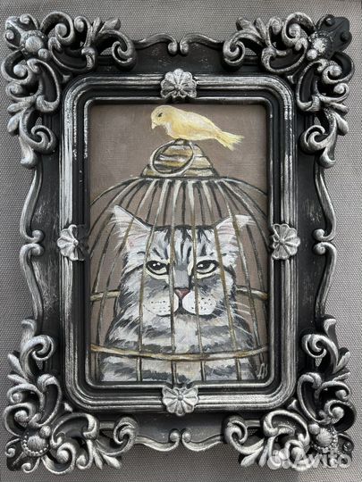 Картина Кот в клетке и канарейка 10х15 холст