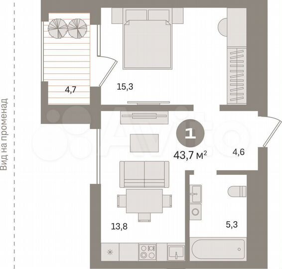 1-к. квартира, 43,7 м², 14/17 эт.