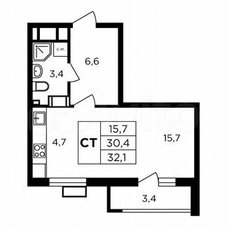 Квартира-студия, 33,8 м², 6/9 эт.