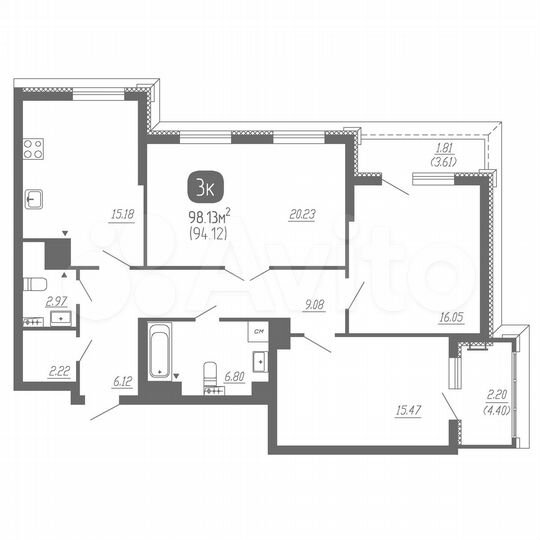 3-к. квартира, 98,1 м², 10/22 эт.