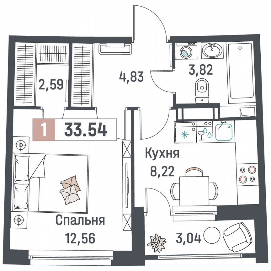 1-к. квартира, 33,5 м², 12/18 эт.