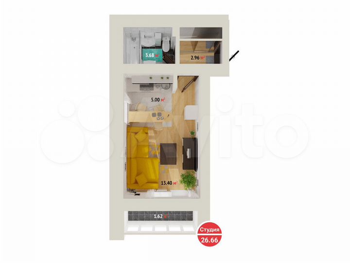 Квартира-студия, 26,7 м², 13/16 эт.